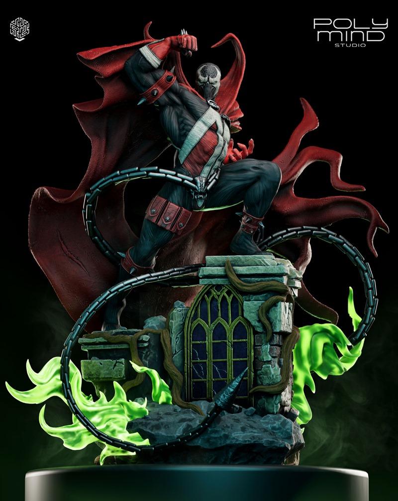 Spawn figure by PolyMind Studio, posed heroically on a gothic ruin base with green spectral energy, chains, and a flo...