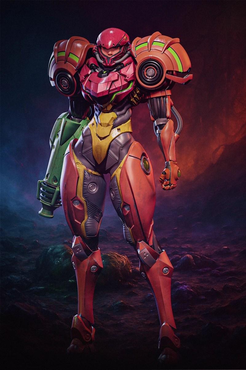 Samus Aran in her red and orange Power Suit, holding a green arm cannon, standing on a rocky alien terrain. Detailed...