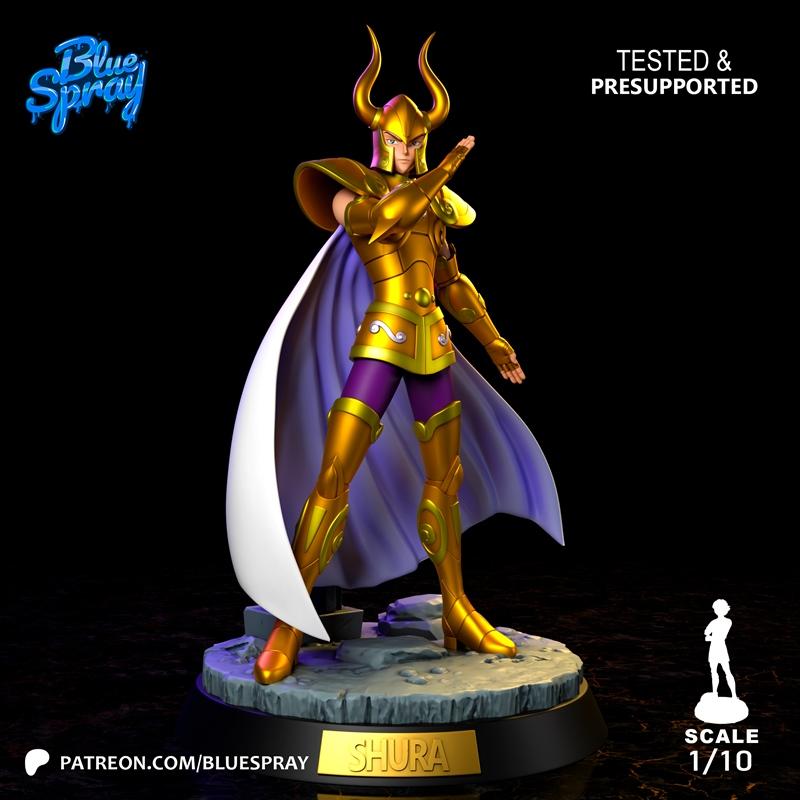 Blue Spray 1/10 scale 3D model of Capricorn Shura from Saint Seiya, wearing golden armor and a purple cape, standing...