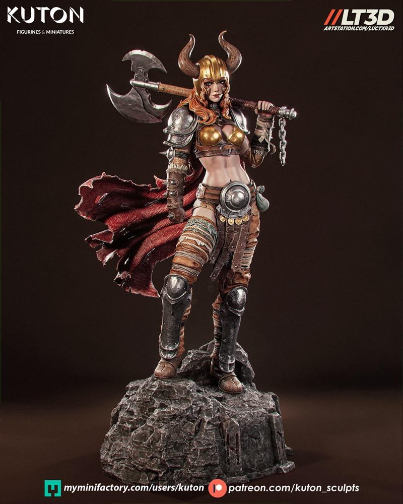 Female viking warrior 'Thyra' with horned helmet and battle axe, wearing ornate armor and a red cape, standing on a r...