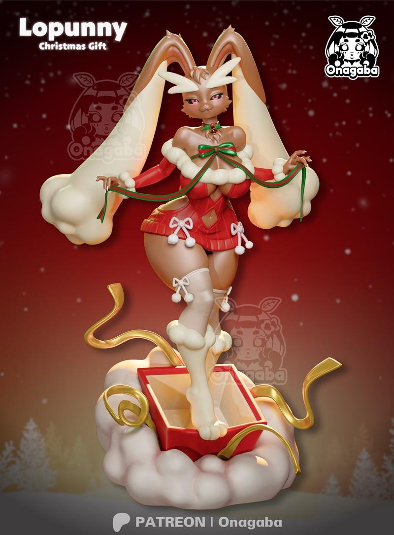 3D model of Lopunny from Pokemon in a Christmas outfit, stepping out of a gift box with festive ribbons and clouds.