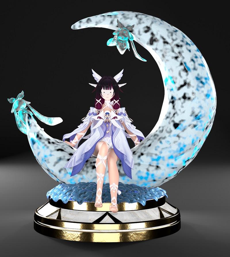 Columbina figure seated on a crescent moon, wearing a white and lavender outfit with wing details. The moon has icy b...