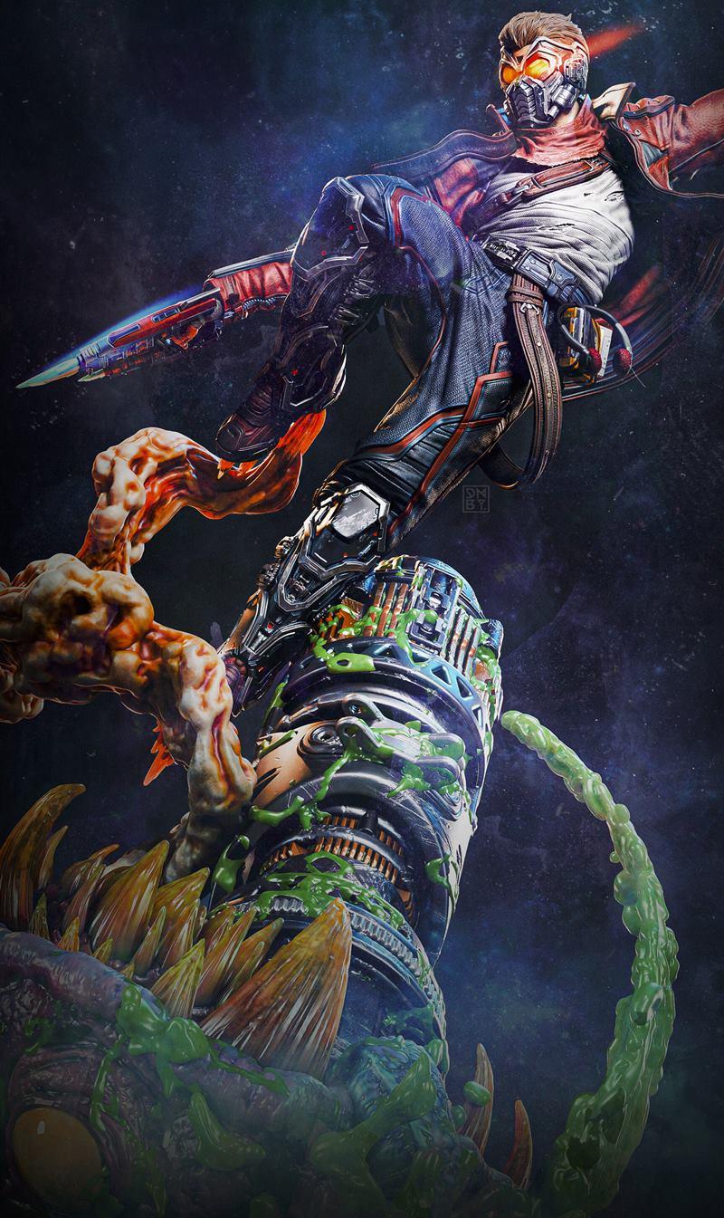 Star Lord 3D model figure in action pose, leaping over a slime-covered alien structure, wearing mask and holding blas...