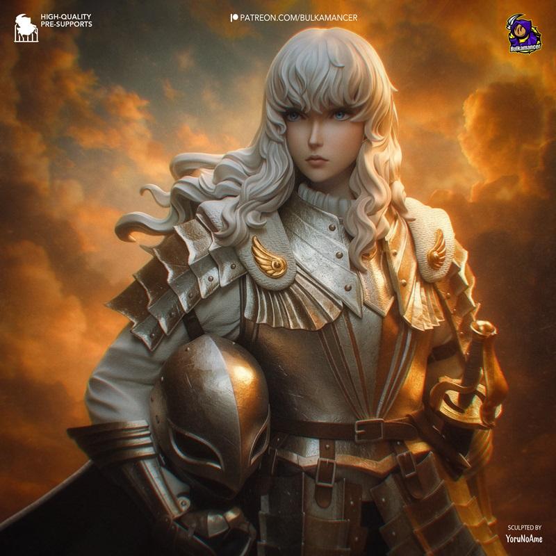 Griffith from Berserk in detailed Falcon of the Millennium Empire armor, holding his helmet and sword, with a dramati...