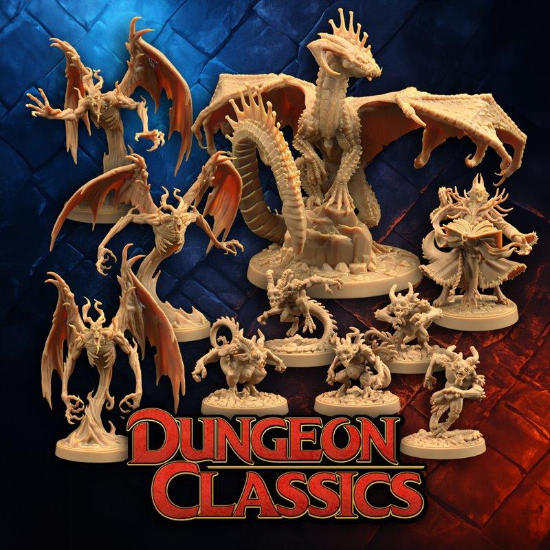 Collection of fantasy 3D printable models: a dragon, winged demons, imps, and a spellcaster, with 'Dungeon Classics'...
