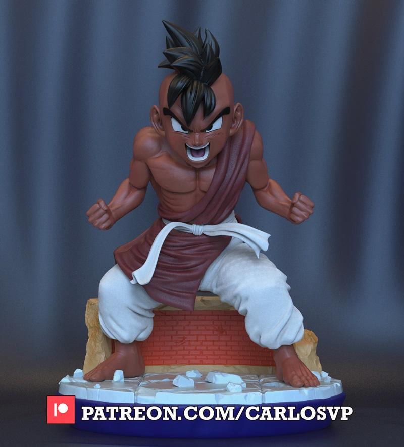 3D model of Uub from Dragon Ball in a combat stance, wearing white pants and a maroon robe, with a mohawk hairstyle.