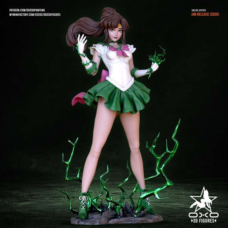 Sailor Jupiter 3D model figure by OXO3D Figures, wearing green and white uniform, with brown hair, surrounded by gree...