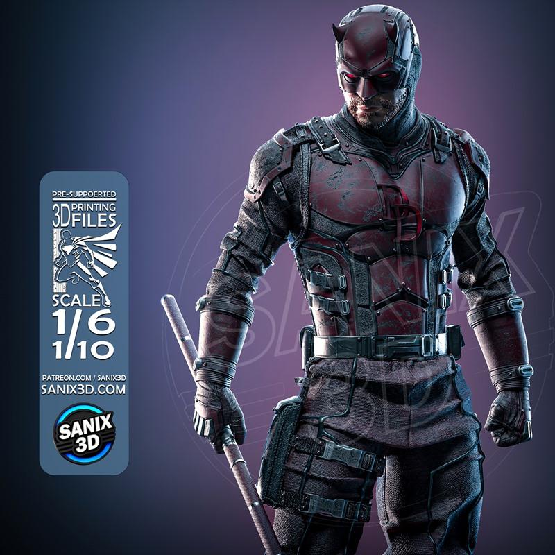 Daredevil 3D model figure, wearing a red and black armored suit with horns on the cowl, holding two batons. Studio Sa...