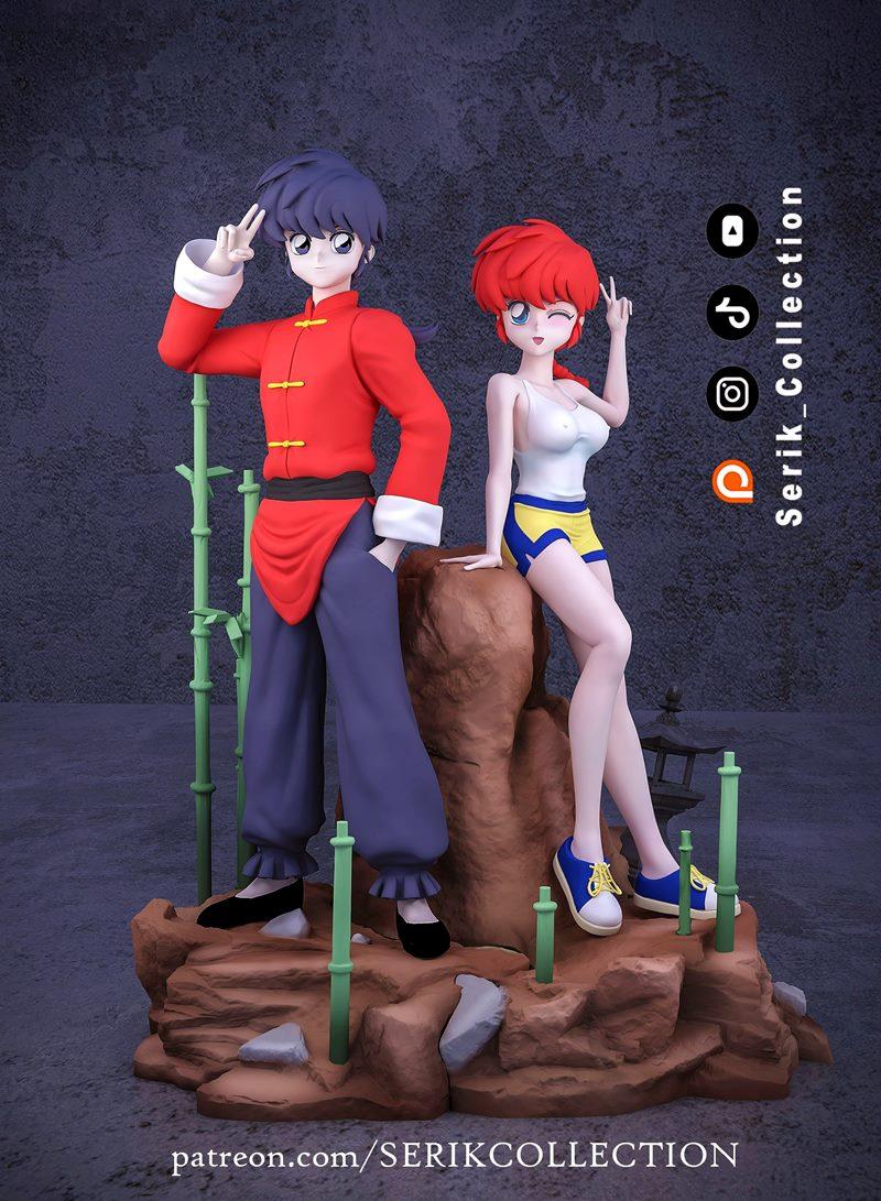 Male and female Ranma Saotome figures in a diorama, posed on rocks with bamboo. Male Ranma wears a red uniform, femal...