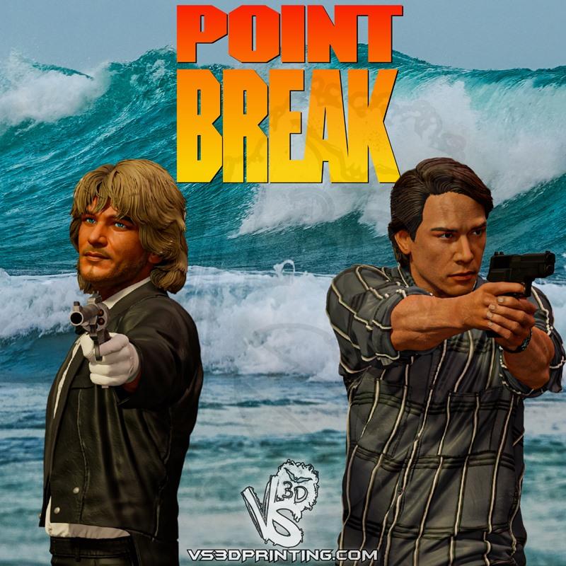 3D models of two men from the movie Point Break, holding guns, with large waves in the background. One man wears a bl...