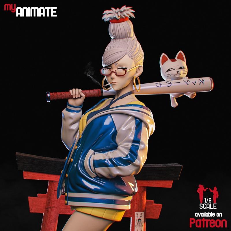 Seiko from Dandadan anime figure, holding a baseball bat with a smoking cigarette and a cat, wearing a bomber jacket...