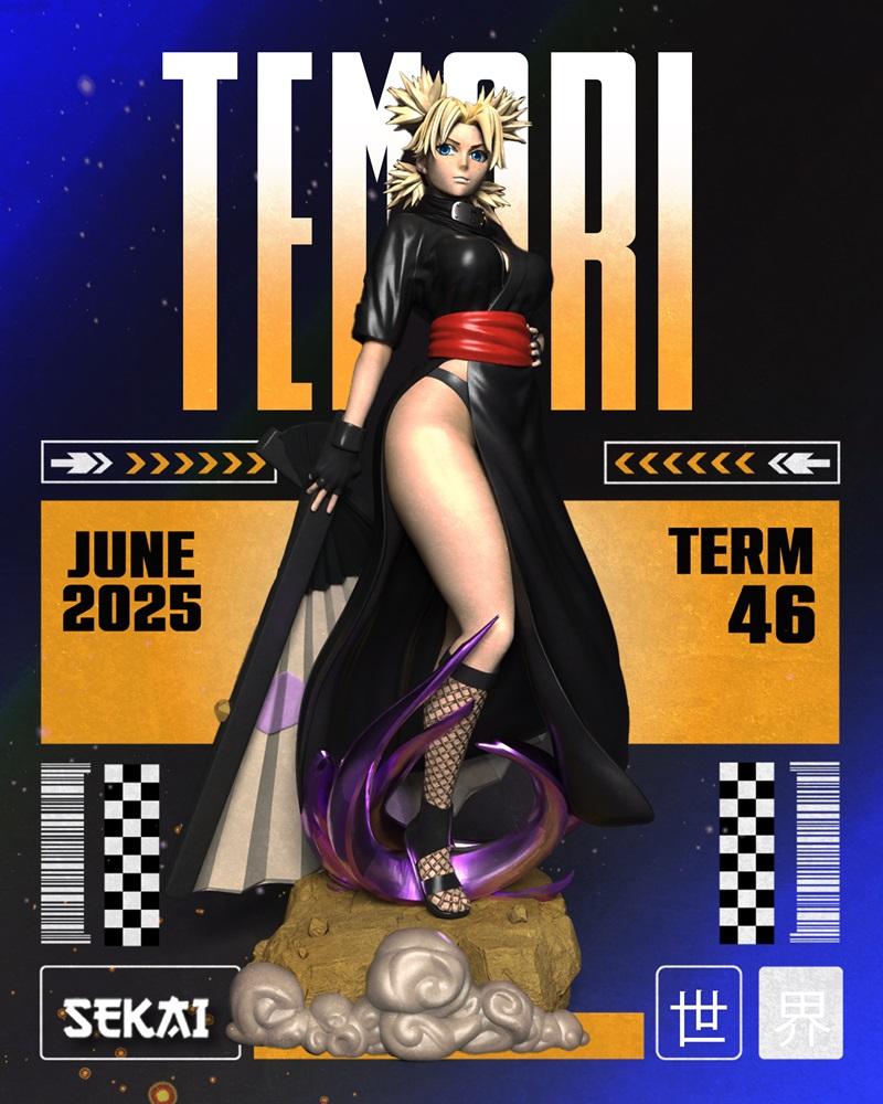Temari from Naruto anime series, depicted as a 3D printable figure. She wears a black kimono with a red sash, fishnet...
