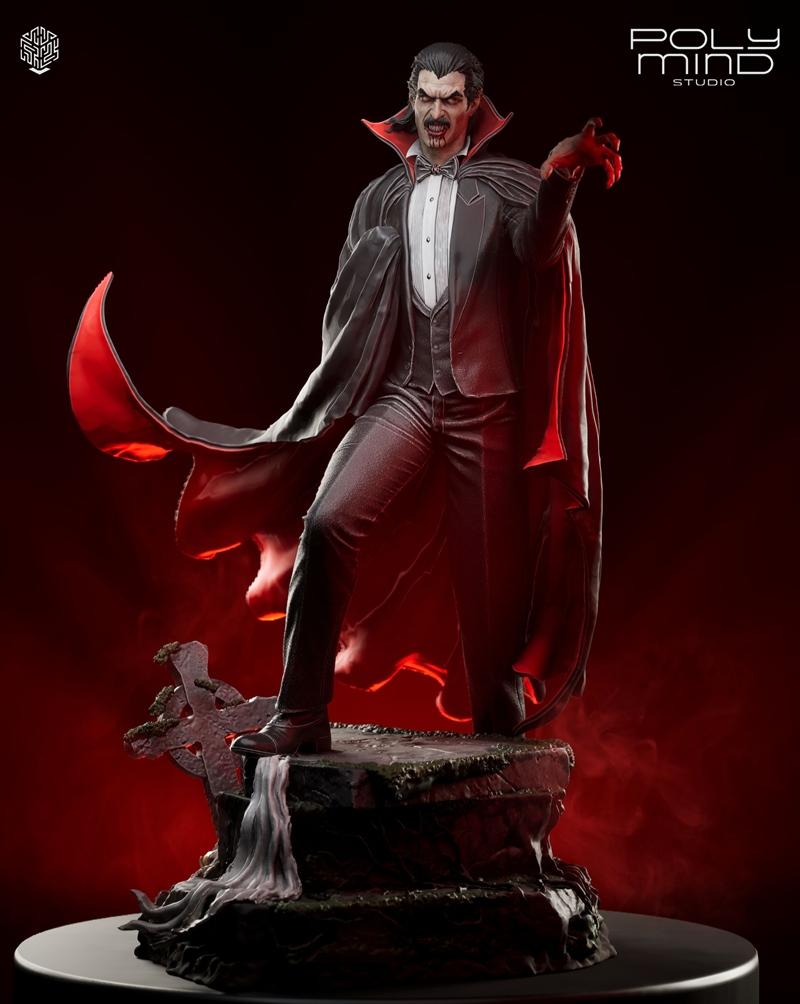 Dracula figure in a black suit and cape, standing on a diorama base with a tombstone and waterfall. PolyMind Studio l...