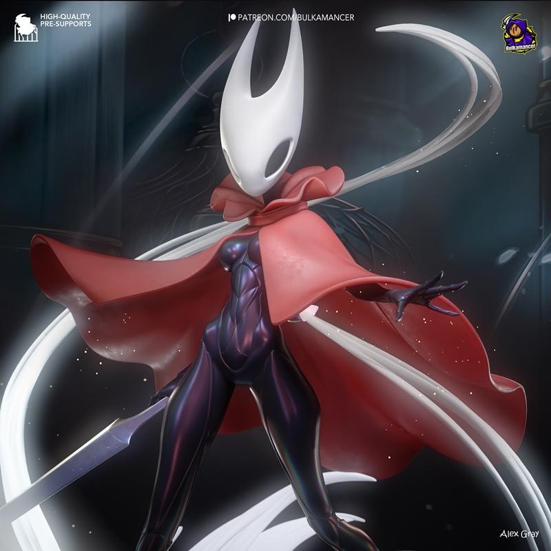 Hornet from Hollow Knight, wearing a red cape and dark armor, holding a needle weapon. 3D model by Bulkamancer Sculpts.