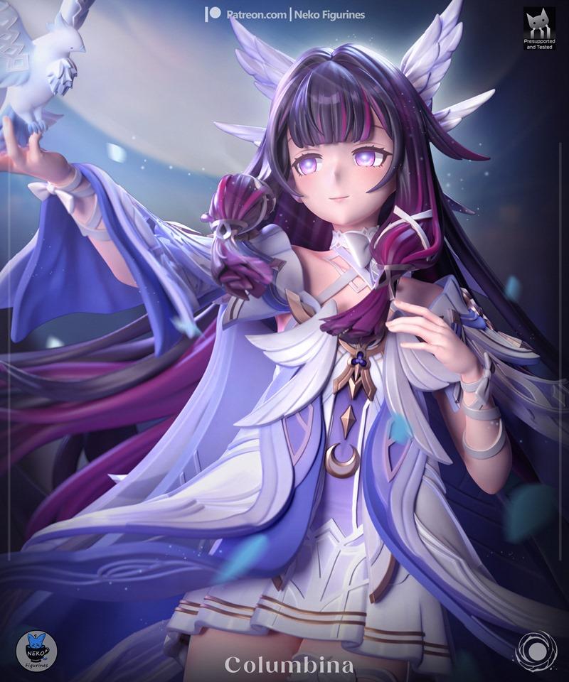Columbina figure from Genshin Impact, holding a white bird, wearing a white and purple layered outfit with feather de...