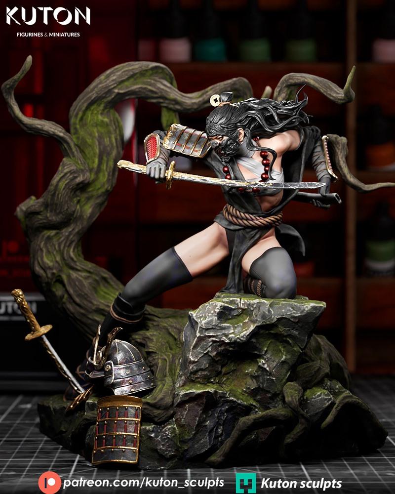 Kurohana 3D model figure in dynamic samurai pose, holding a katana, wearing segmented armor and dark attire, on a mos...