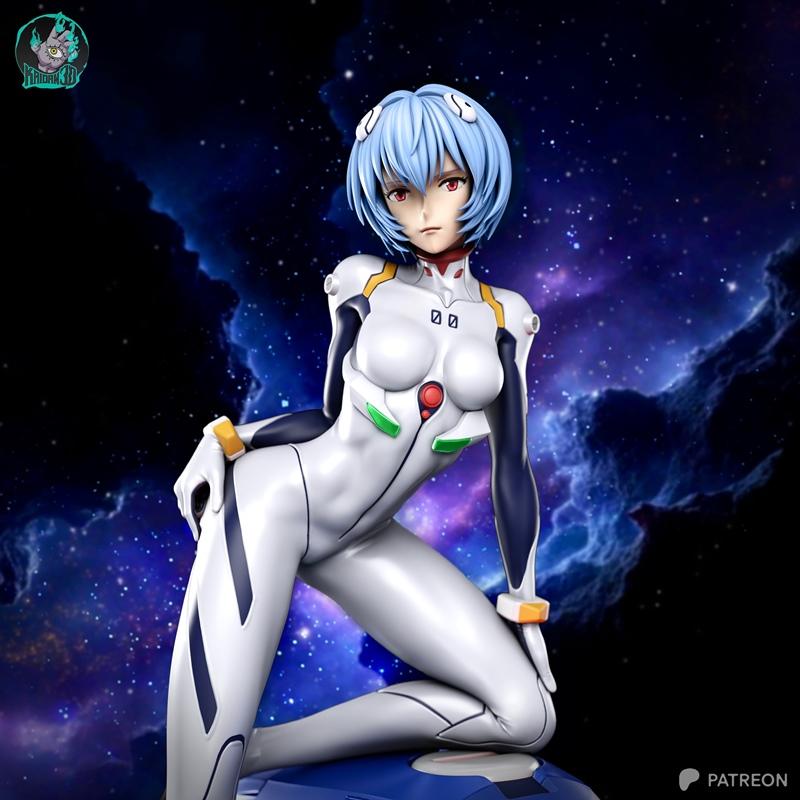 Rei Ayanami in a white and blue plugsuit, kneeling with a determined expression. The 3D model features detailed suit...