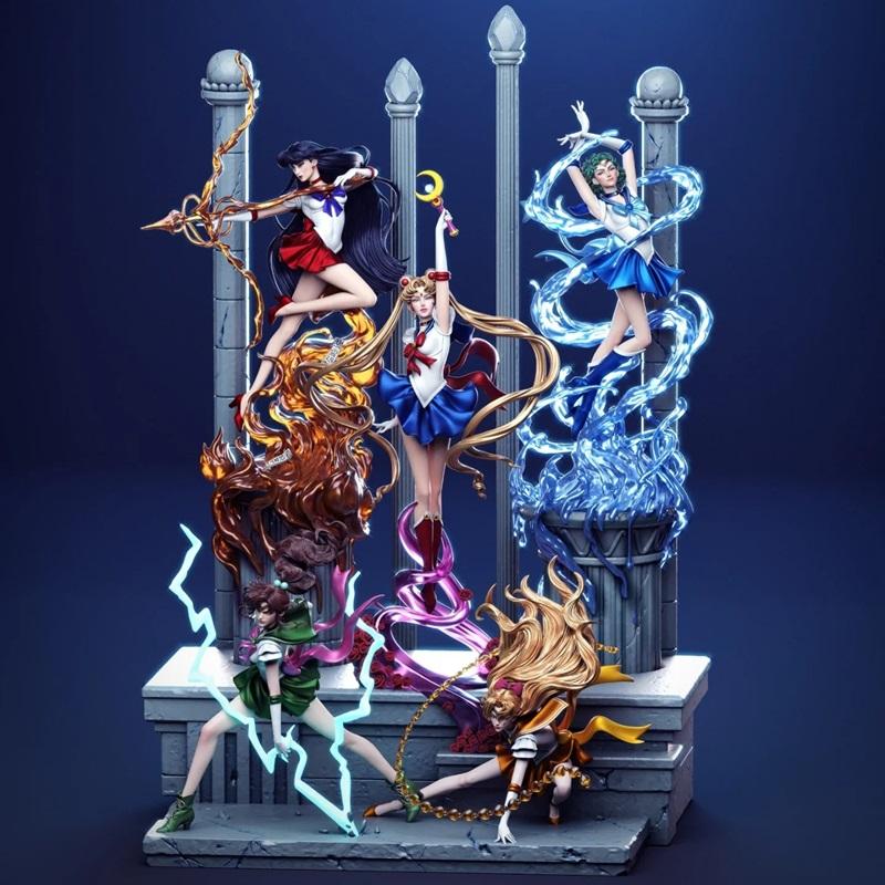 Sailor Moon diorama 3D model featuring multiple Sailor Guardians in dynamic poses with elemental effects, including f...