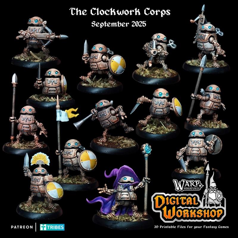 Collection of small, steampunk-style clockwork robot miniatures in various poses, armed with swords, shields, spears,...