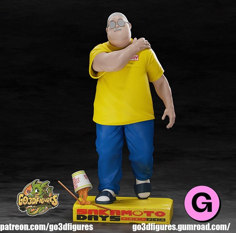 3D model of Taro Sakamoto from Sakamoto Days, wearing a yellow shirt and blue pants, standing on a yellow base with a...