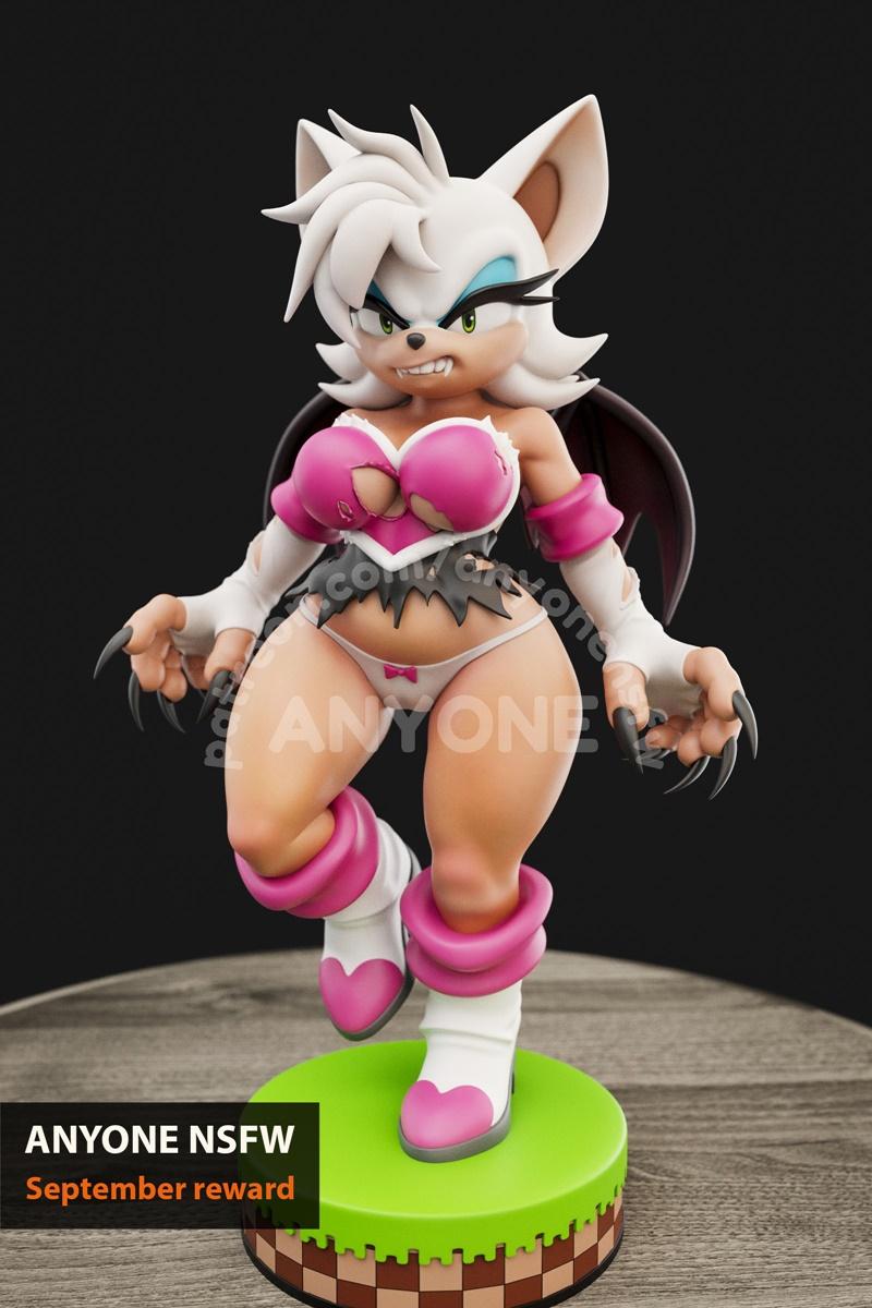 3D model of Rouge the Bat from Sonic the Hedgehog, wearing a revealing pink outfit and white boots, with bat wings an...