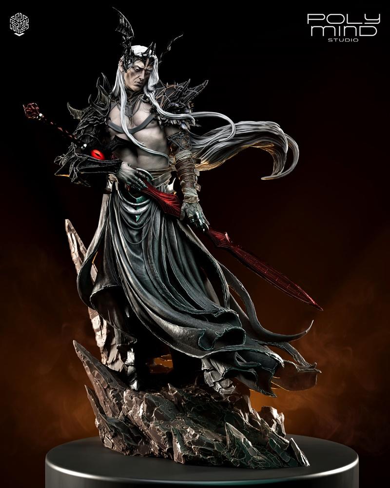 Elric 3D model figure by PolyMind Studio, dark fantasy elf with white hair, crown, spiky armor, holding a red sword a...