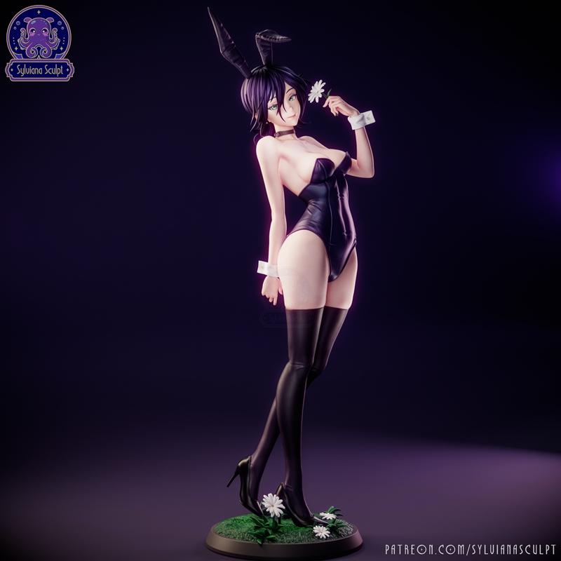 Reze from Chainsaw Man in a black bunny suit, black thigh-high stockings, and heels, holding a white flower. She has...