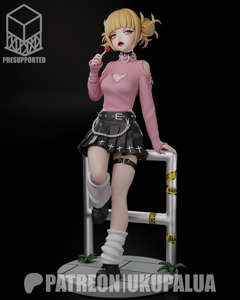 Himiko Toga from Boku no Hero Academia figure holding a lollipop, wearing a pink sweater with heart cutout and black...