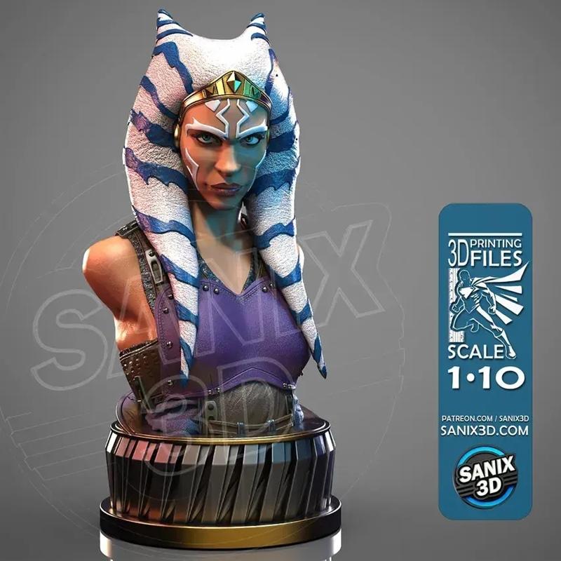 Bust of Ashoka Tano from Star Wars, featuring blue and white striped lekku, facial markings, a golden crown, and purp...