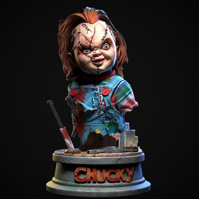 Bust of Chucky from Child's Play, featuring stitched facial details, torn overalls, and a menacing expression, displa...