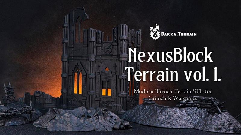 Modular gothic ruins and trench terrain pieces with sandbags, lit from within by orange light. Dakka.Terrain logo and...