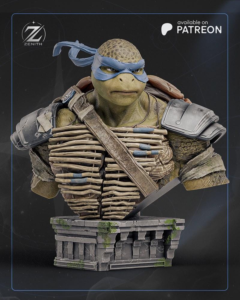 Zenith Studios Leonardo bust, a 3D model of the Teenage Mutant Ninja Turtle leader wearing a blue bandana and armor,...