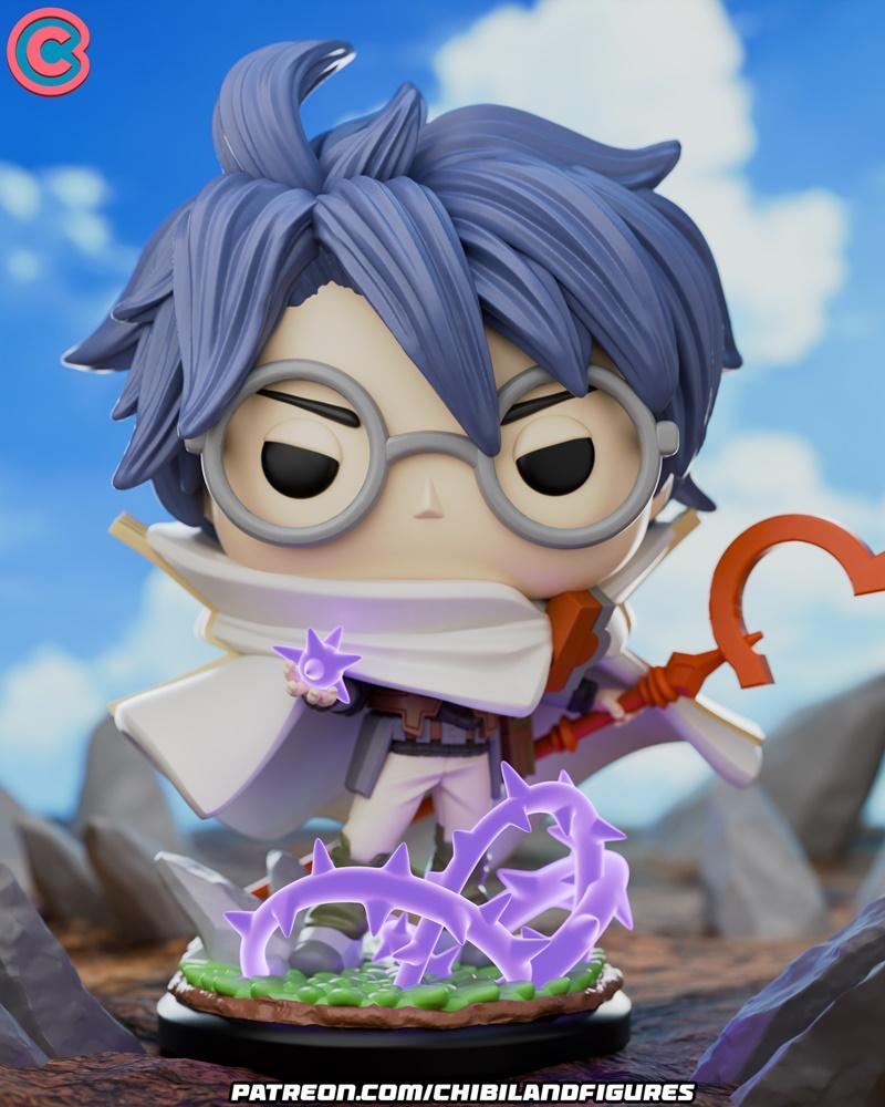 Chibi Shiroe from Log Horizon figure, wearing round glasses and a white scarf, holding a staff and a glowing star, wi...