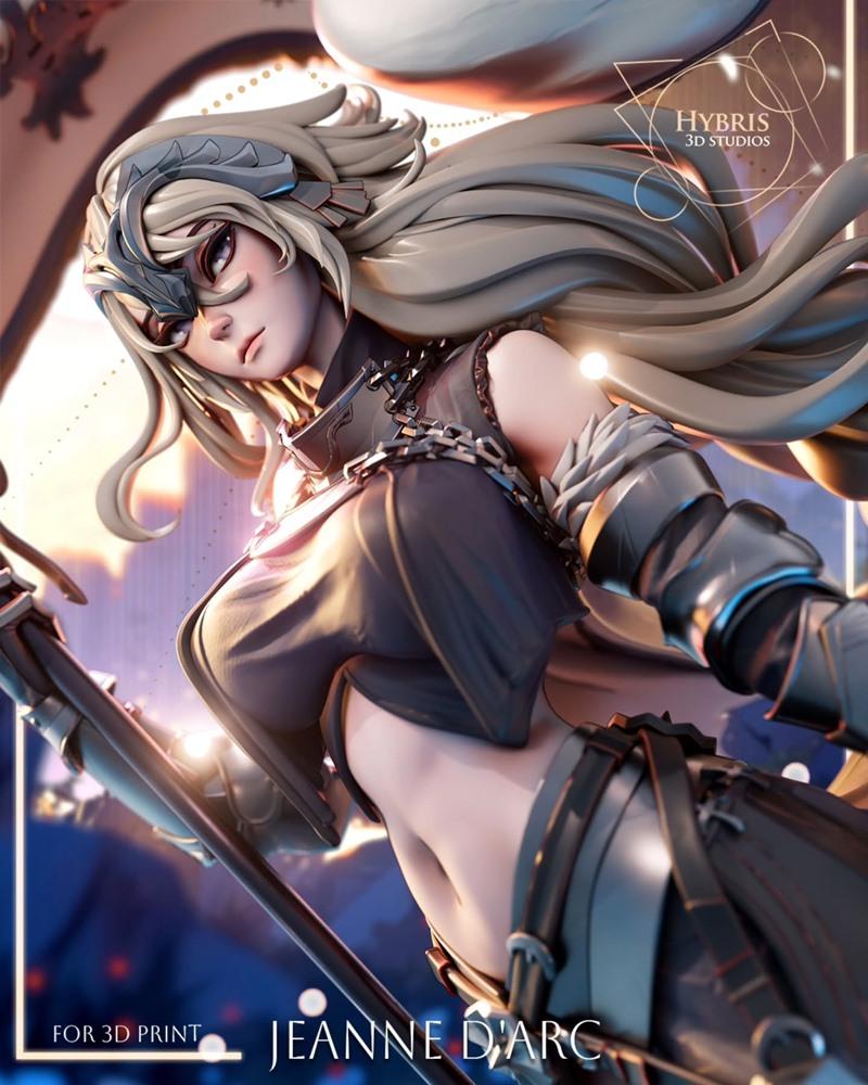 Hybris Studios Jeanne d’Arc 3D model figure, blonde hair, ornate helmet, chainmail armor, holding a sword, dynamic he...