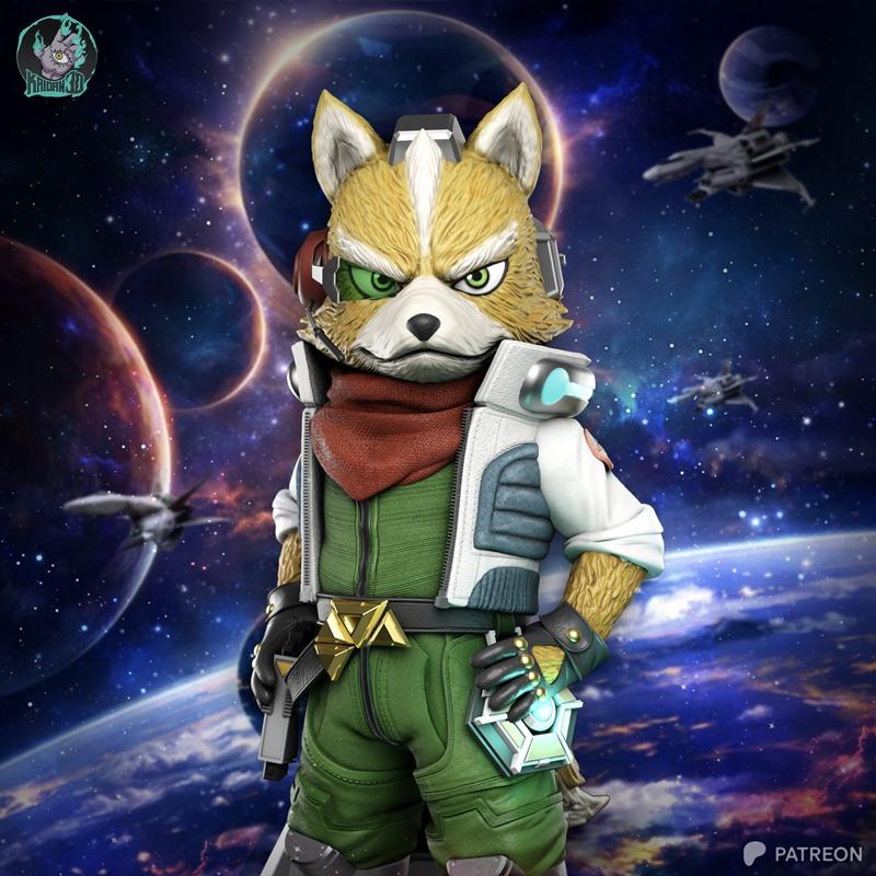 Fox McCloud, an anthropomorphic fox in a green flight suit and white jacket, stands with his hand on his hip, wearing...