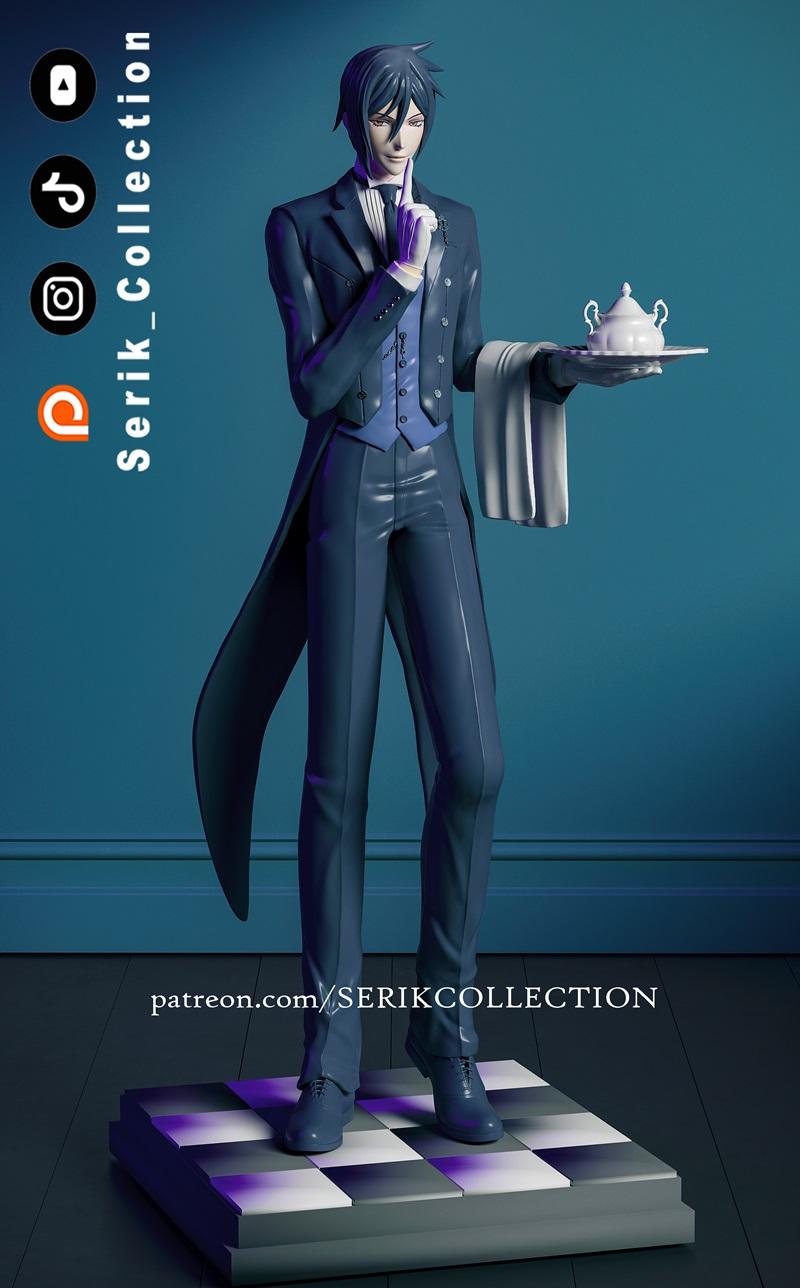 3D model of Sebastian Michaelis from Black Butler, dressed as a butler, holding a tray with a teapot.
