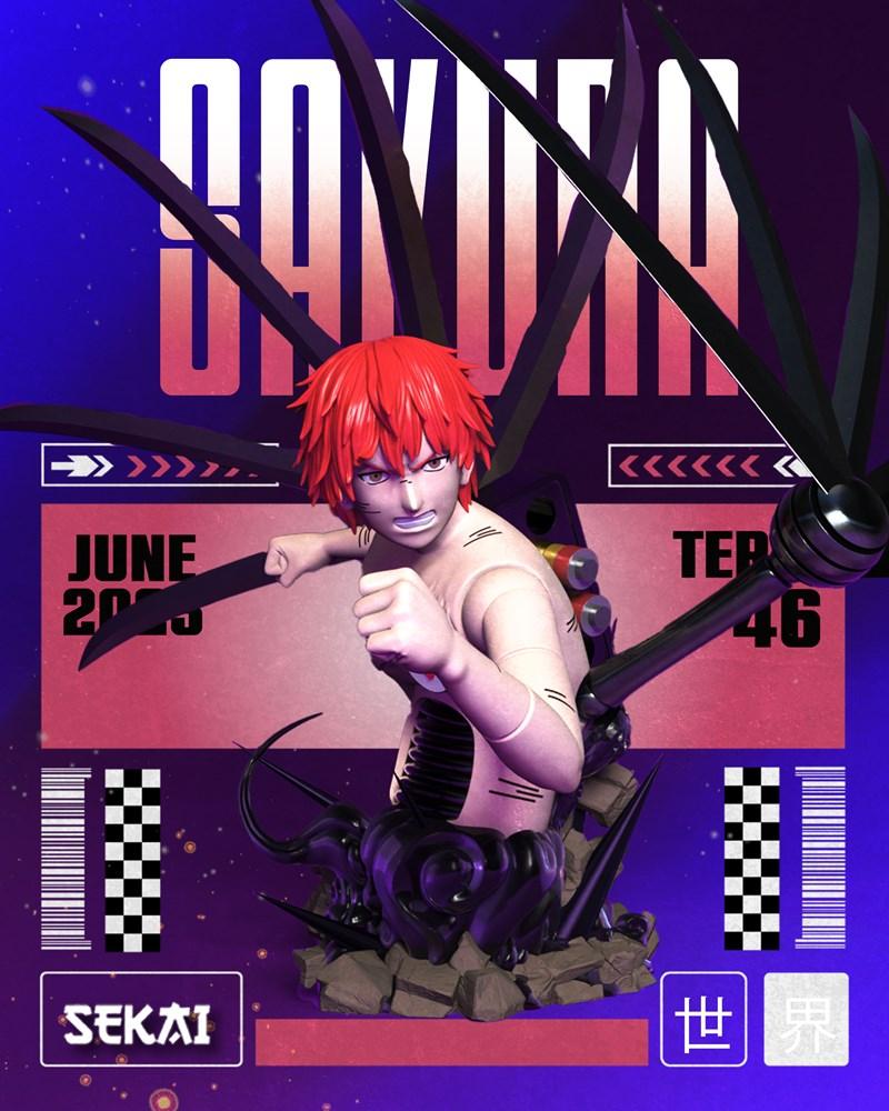 3D printable bust of Sasori from Naruto, with red hair, mechanical body parts, and a scorpion tail, posed dynamically.