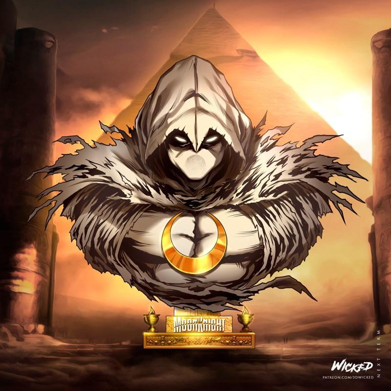 Moon Knight portrait bust with hooded cowl, tattered cape, and crescent moon symbol on chest, on a golden pedestal wi...