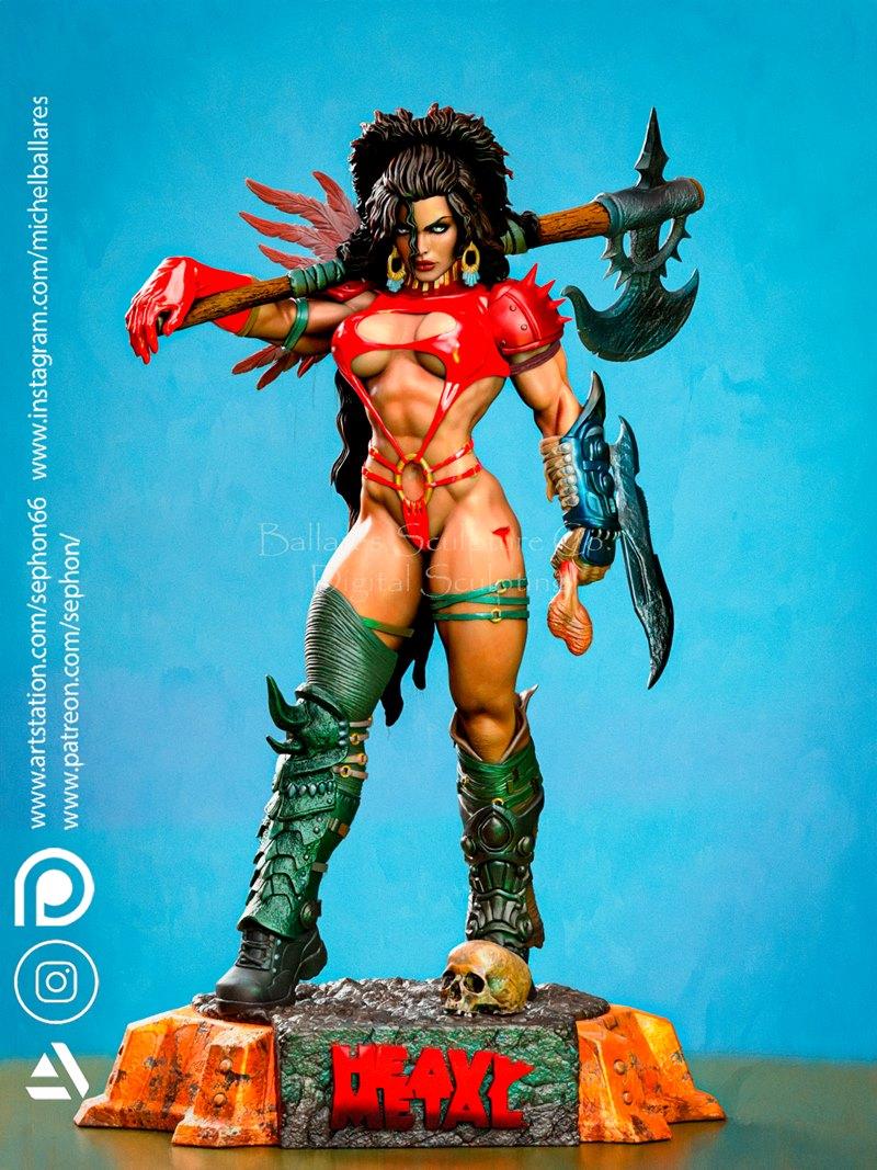 Muscular female warrior Julie Strain in revealing red and green armor, holding an axe and blade, standing on a base w...