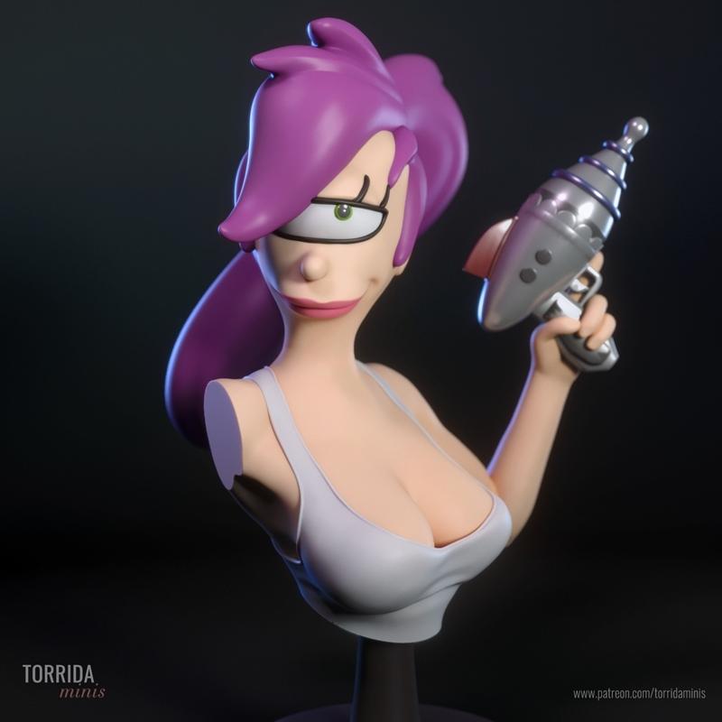 Torrida Minis 3D printable bust of Leela from Futurama, holding a ray gun, wearing a white tank top, with purple hair...