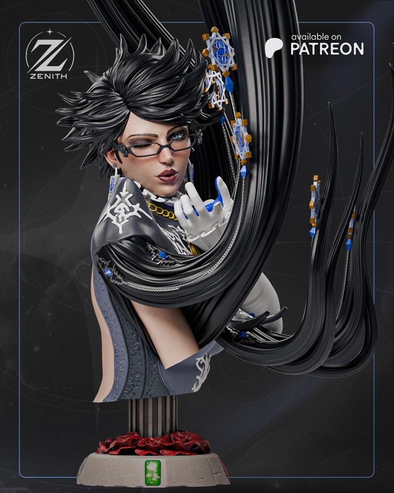 Zenith Studios Bayonetta bust 3D model, featuring the character winking, wearing glasses and gothic attire, with long...