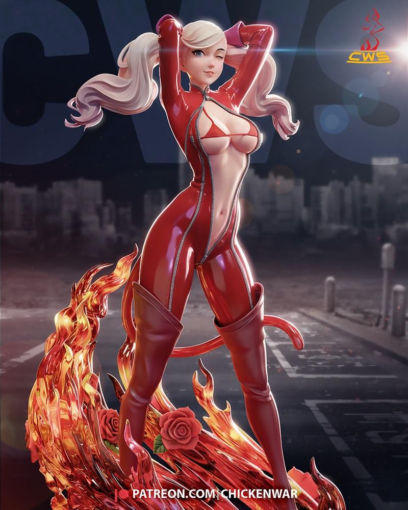 Ann Takamaki 3D model in red Phantom Thief suit, winking, with fiery base and roses.