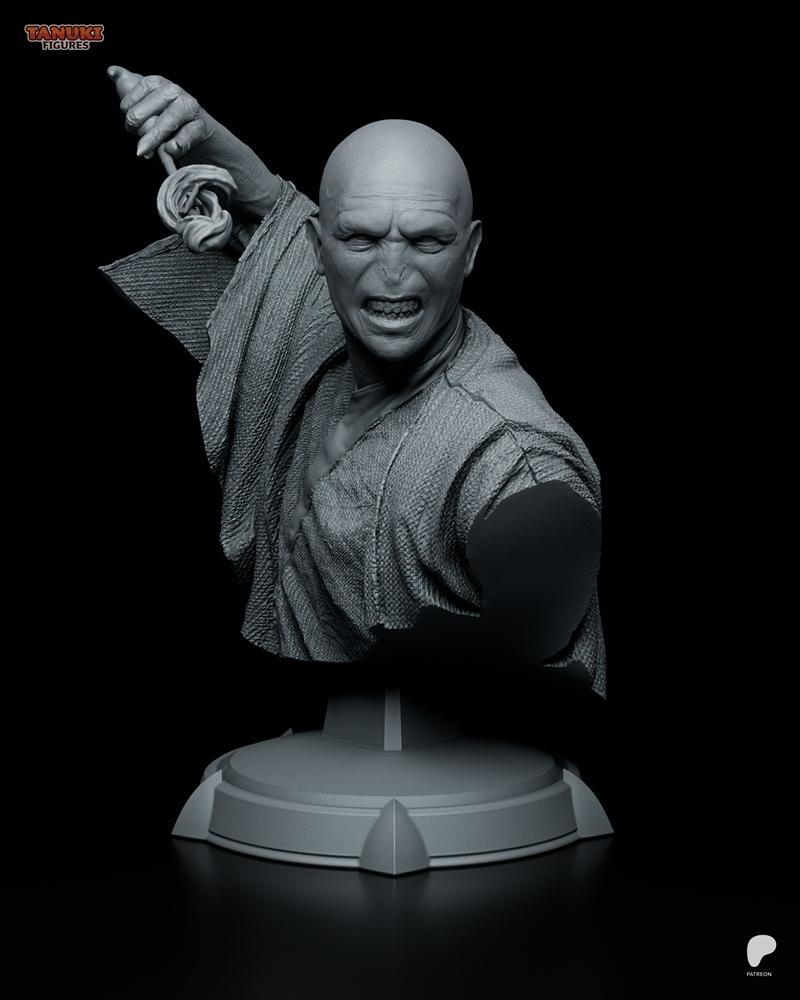 Voldemort bust 3D model, Tanuki Figures, with furious expression, holding a wand, wearing textured robes, on a styliz...