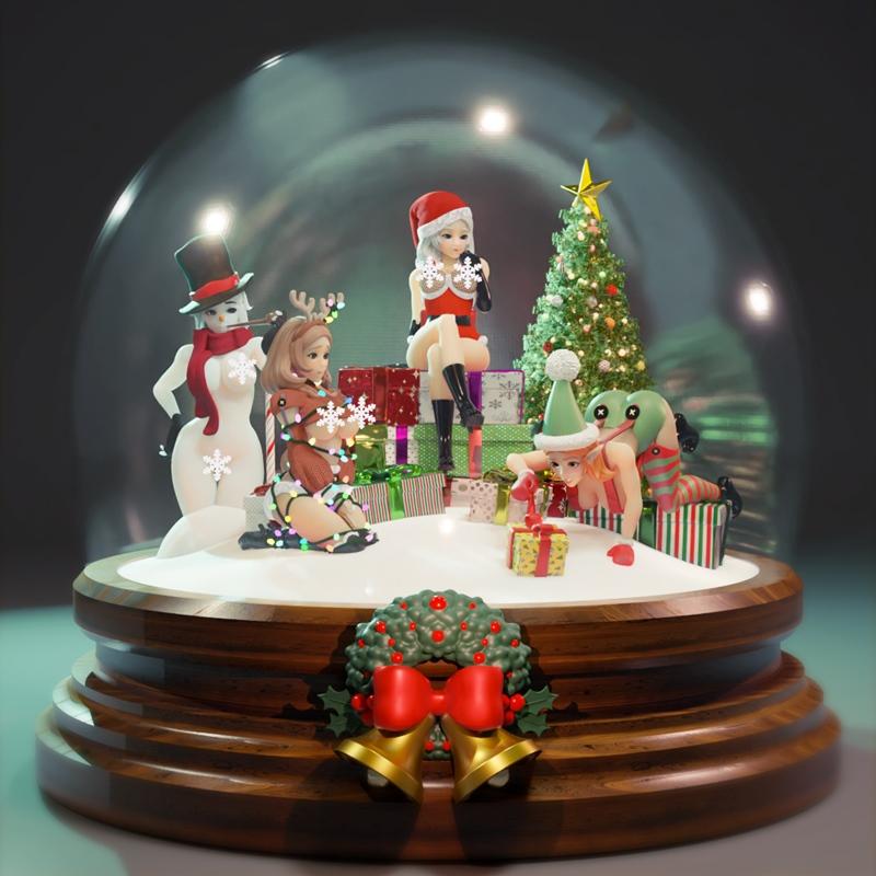 3D model of a Christmas snow globe containing scantily clad female figures dressed as Santa, reindeer, and an elf, wi...