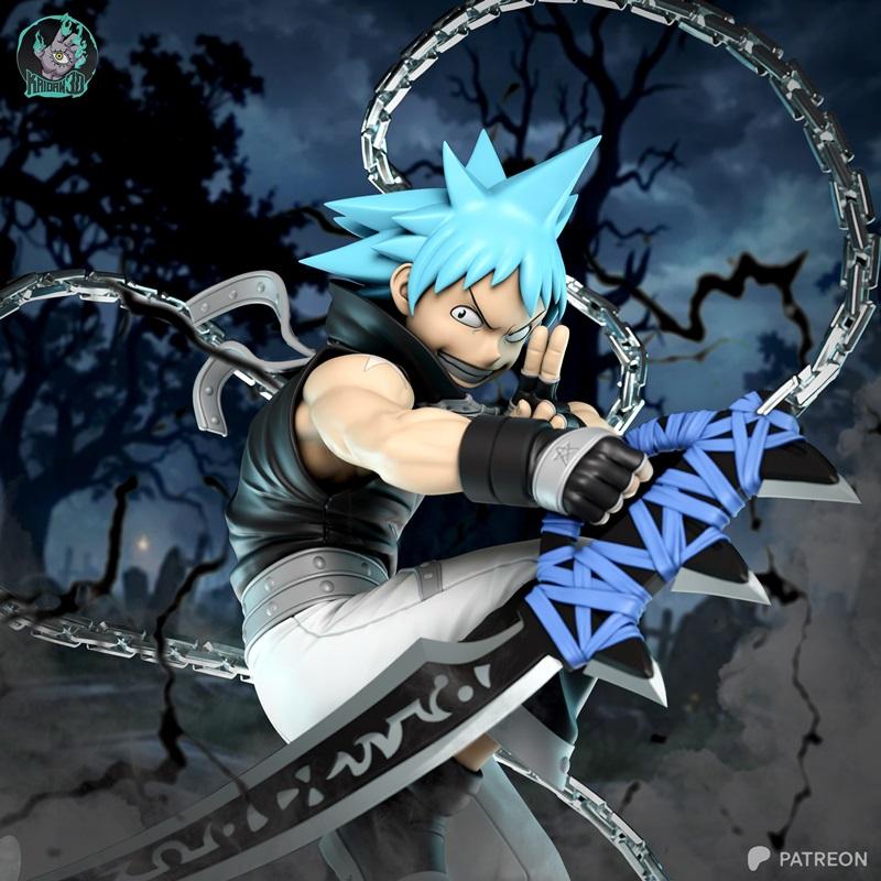 Black Star from Soul Eater anime, blue spiky hair, action pose with chain weapon and sword, studio Kaidan 3D model.