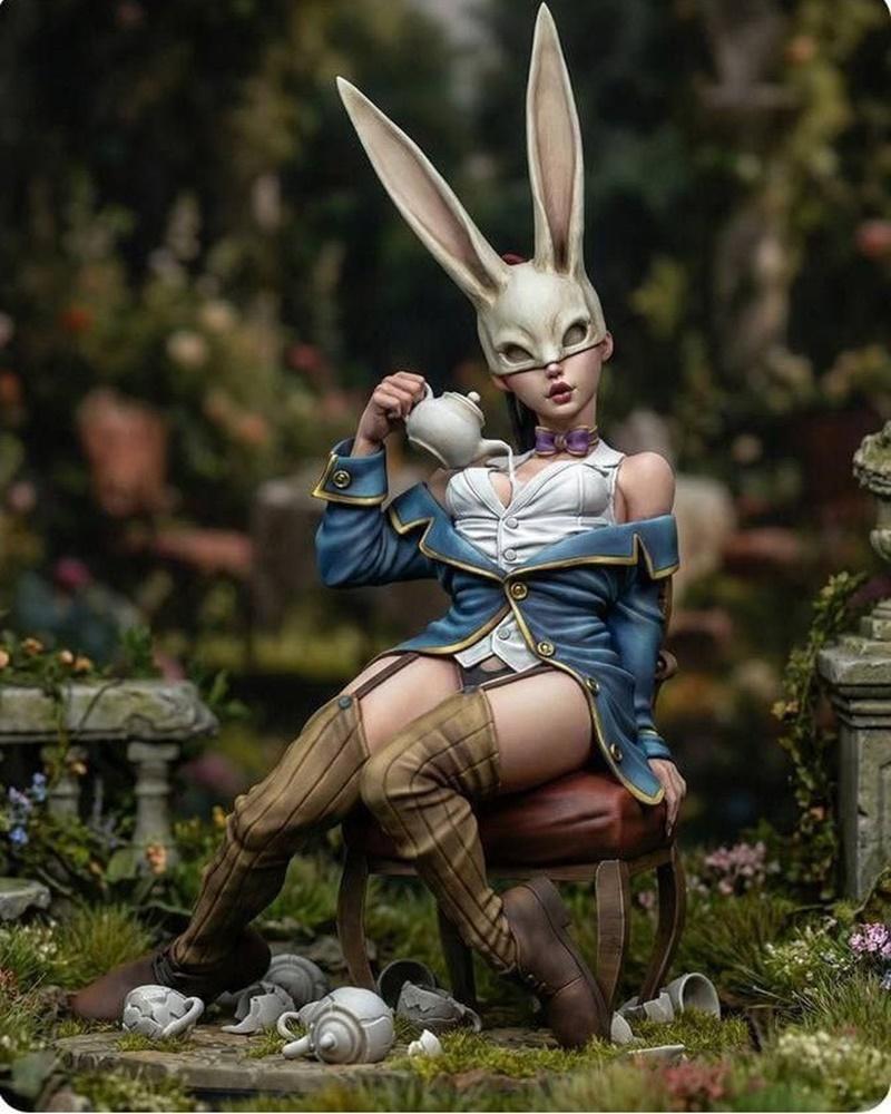 3D model of a Bunny Girl figure wearing a rabbit mask, blue jacket, and thigh-high stockings, holding a teapot.