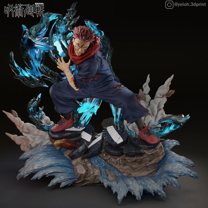 3D model of Itadori Yuji from Jujutsu Kaisen in a dynamic combat pose, surrounded by blue energy effects and rocky te...