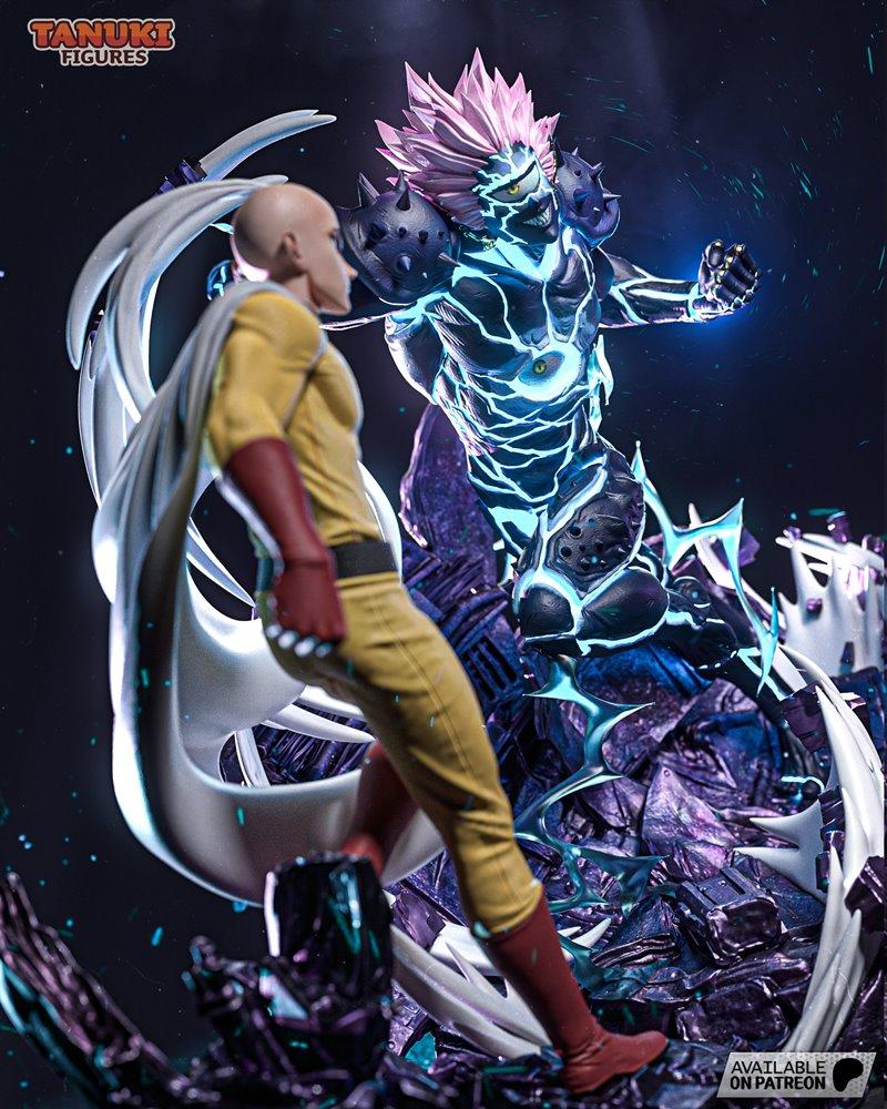 3D print diorama of Saitama in yellow suit facing Boros in glowing blue armor, from One Punch Man anime.