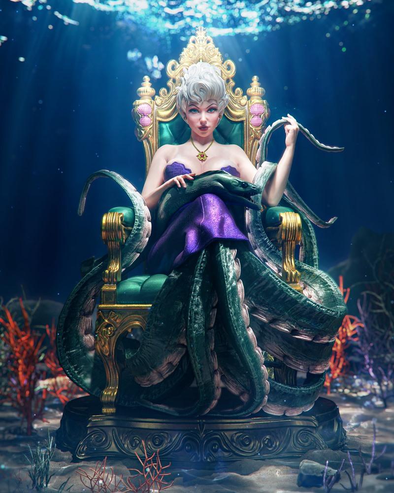 Ursula from The Little Mermaid seated on a golden throne with green cushions, surrounded by her tentacles, in an unde...