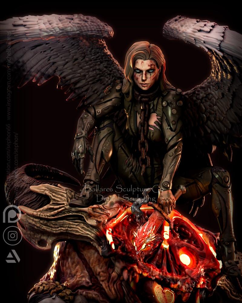 Fallen angel figure with dark wings and intricate armor, posed triumphantly over a fiery demonic skull, holding a glo...